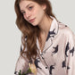 Cat Print Satin Pajama Set Long Sleeve Button-Up Top with Elastic Waist Full-Length Pants