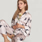 Cat Print Satin Pajama Set Long Sleeve Button-Up Top with Elastic Waist Full-Length Pants