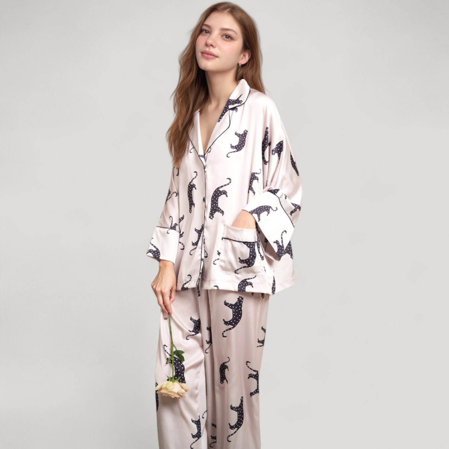 Cat Print Satin Pajama Set Long Sleeve Button-Up Top with Elastic Waist Full-Length Pants