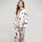 Cat Print Satin Pajama Set Long Sleeve Button-Up Top with Elastic Waist Full-Length Pants