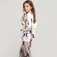 Cat Print Satin Pajama Set Long Sleeve Button-Up Top with Elastic Waist Full-Length Pants