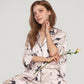 Cat Print Satin Pajama Set Long Sleeve Button-Up Top with Elastic Waist Full-Length Pants