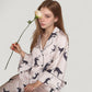 Cat Print Satin Pajama Set Long Sleeve Button-Up Top with Elastic Waist Full-Length Pants