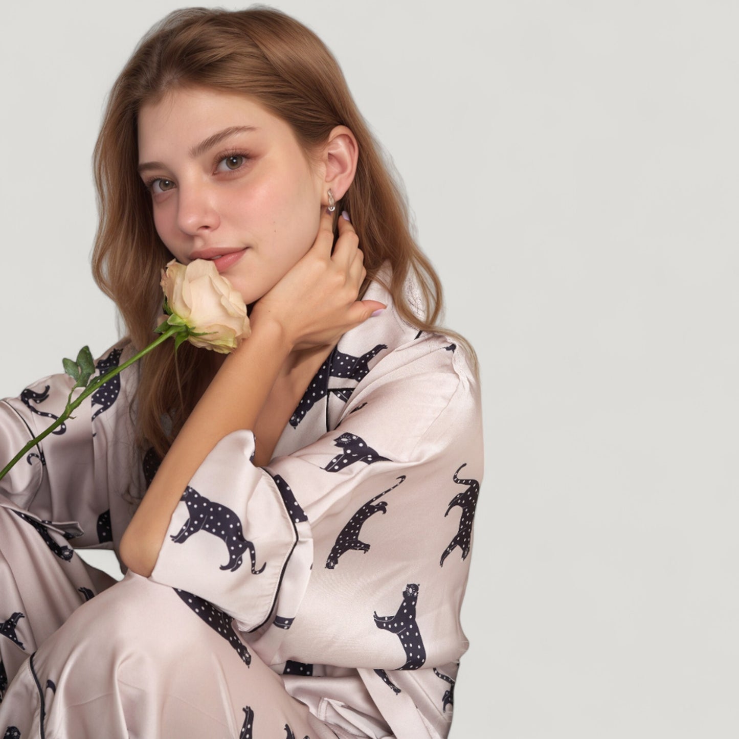 Cat Print Satin Pajama Set Long Sleeve Button-Up Top with Elastic Waist Full-Length Pants