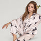 Cat Print Satin Pajama Set Long Sleeve Button-Up Top with Elastic Waist Full-Length Pants