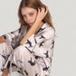 Cat Print Satin Pajama Set Long Sleeve Button-Up Top with Elastic Waist Full-Length Pants