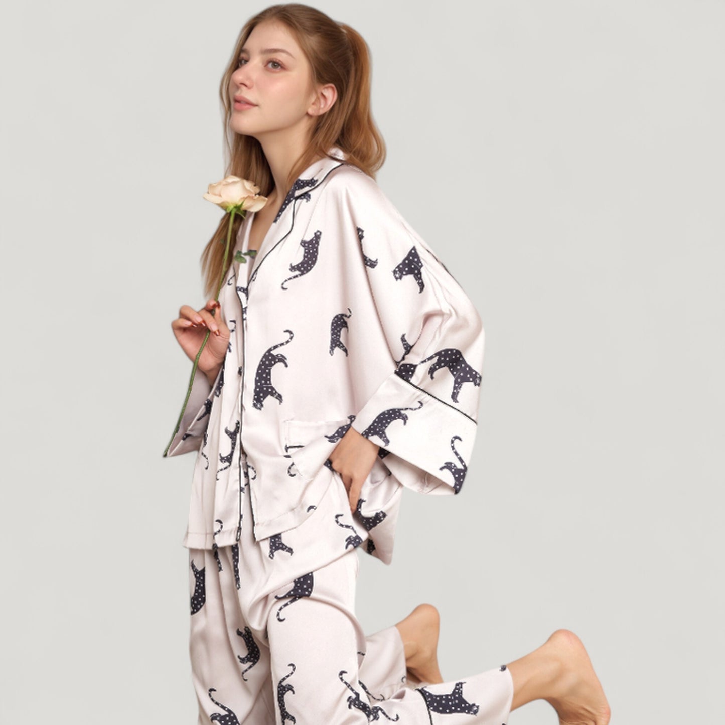 Cat Print Satin Pajama Set Long Sleeve Button-Up Top with Elastic Waist Full-Length Pants