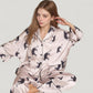 Cat Print Satin Pajama Set Long Sleeve Button-Up Top with Elastic Waist Full-Length Pants