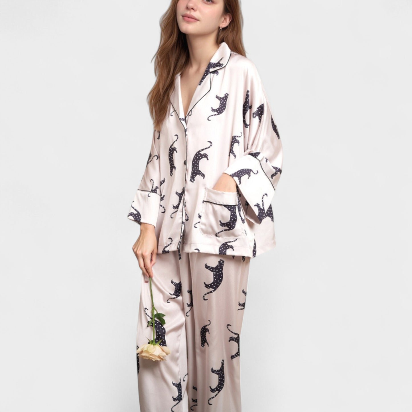Cat Print Satin Pajama Set Long Sleeve Button-Up Top with Elastic Waist Full-Length Pants