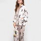 Cat Print Satin Pajama Set Long Sleeve Button-Up Top with Elastic Waist Full-Length Pants