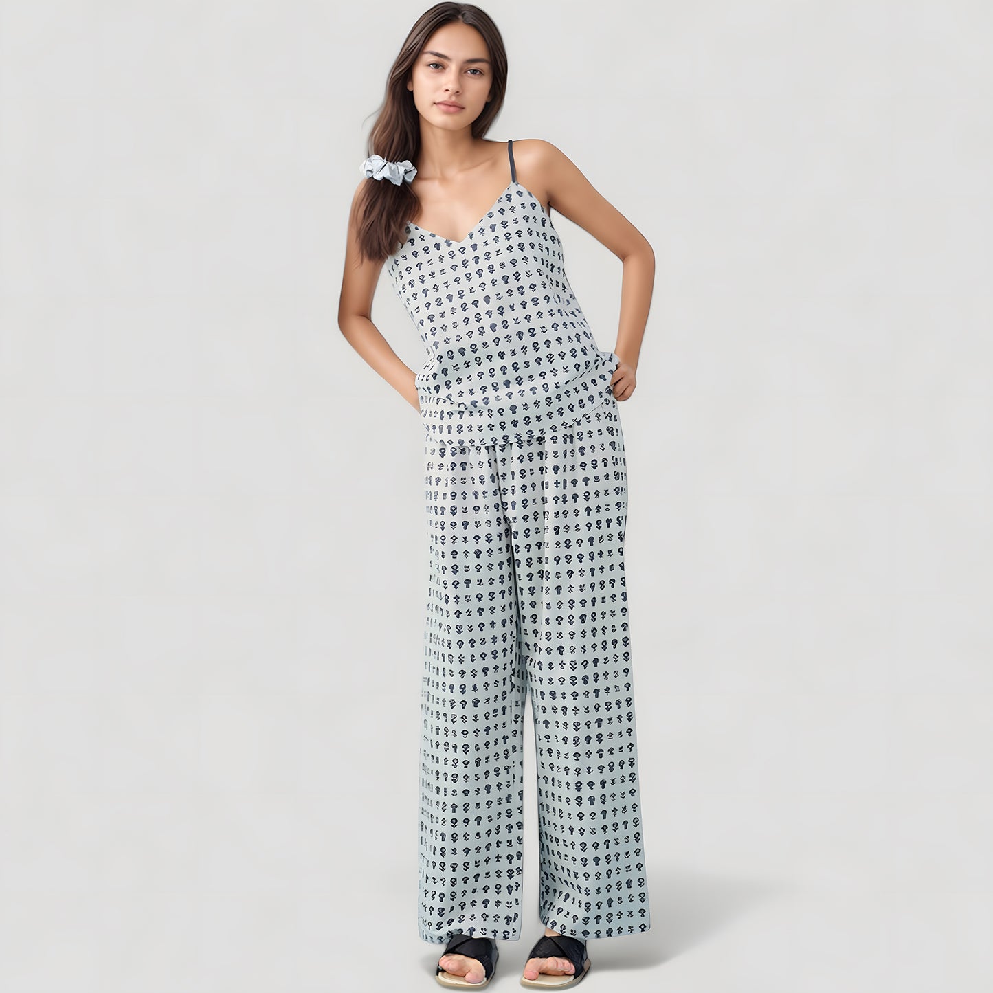 Cami Strap Pajama Set with Allover Floral Print and Relaxed Wide Leg Pants