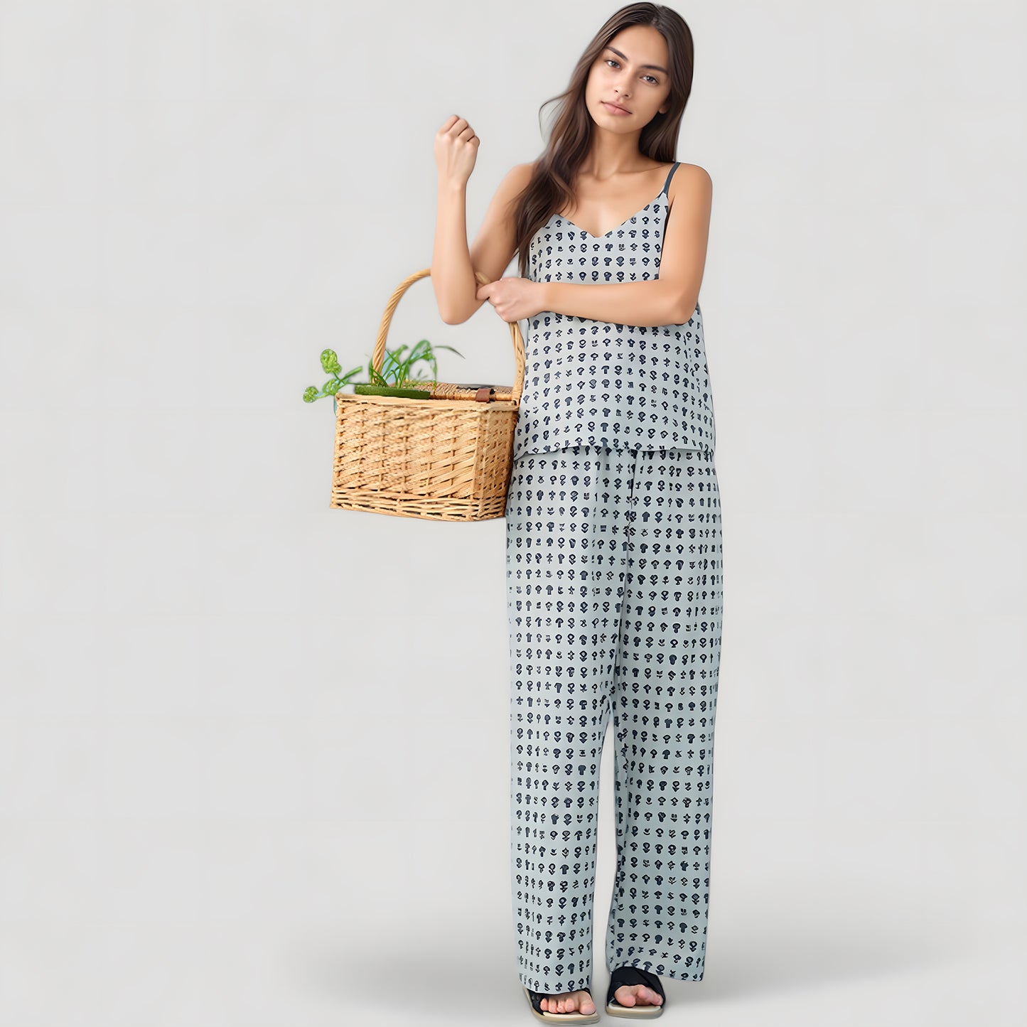 Cami Strap Pajama Set with Allover Floral Print and Relaxed Wide Leg Pants