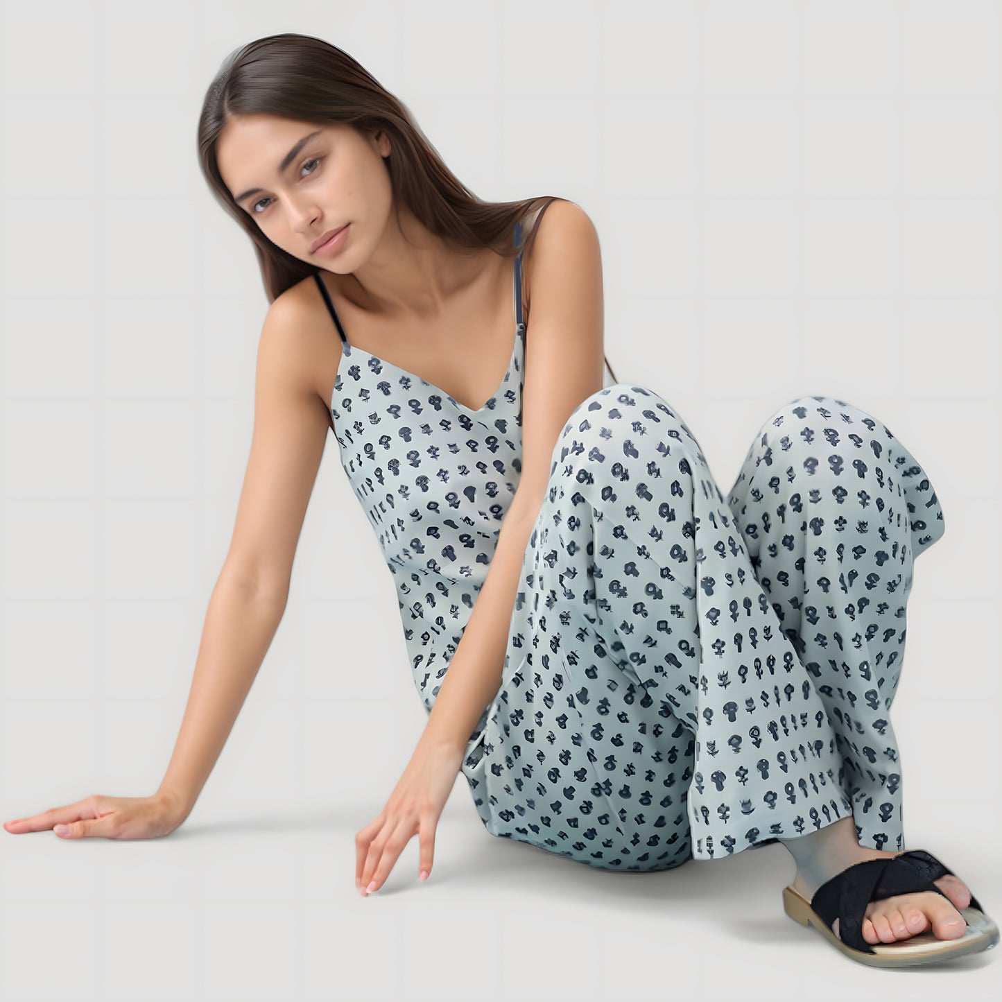 Cami Strap Pajama Set with Allover Floral Print and Relaxed Wide Leg Pants