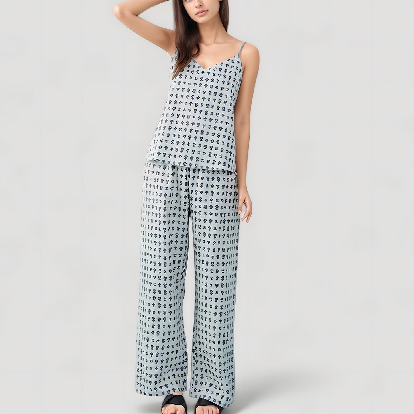 Cami Strap Pajama Set with Allover Floral Print and Relaxed Wide Leg Pants