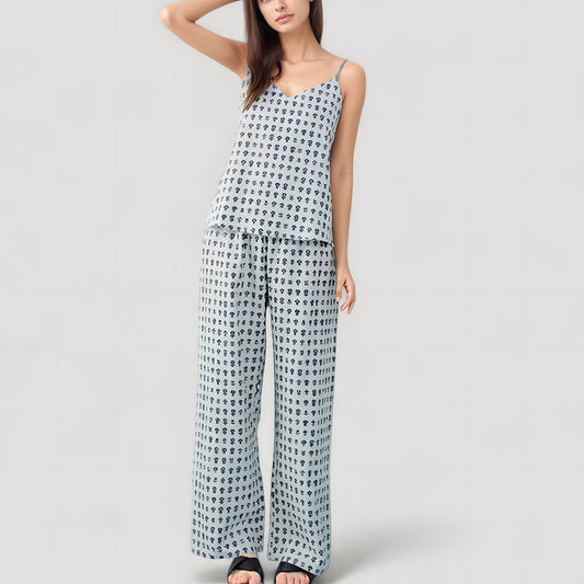 Cami Strap Pajama Set with Allover Floral Print and Relaxed Wide Leg Pants