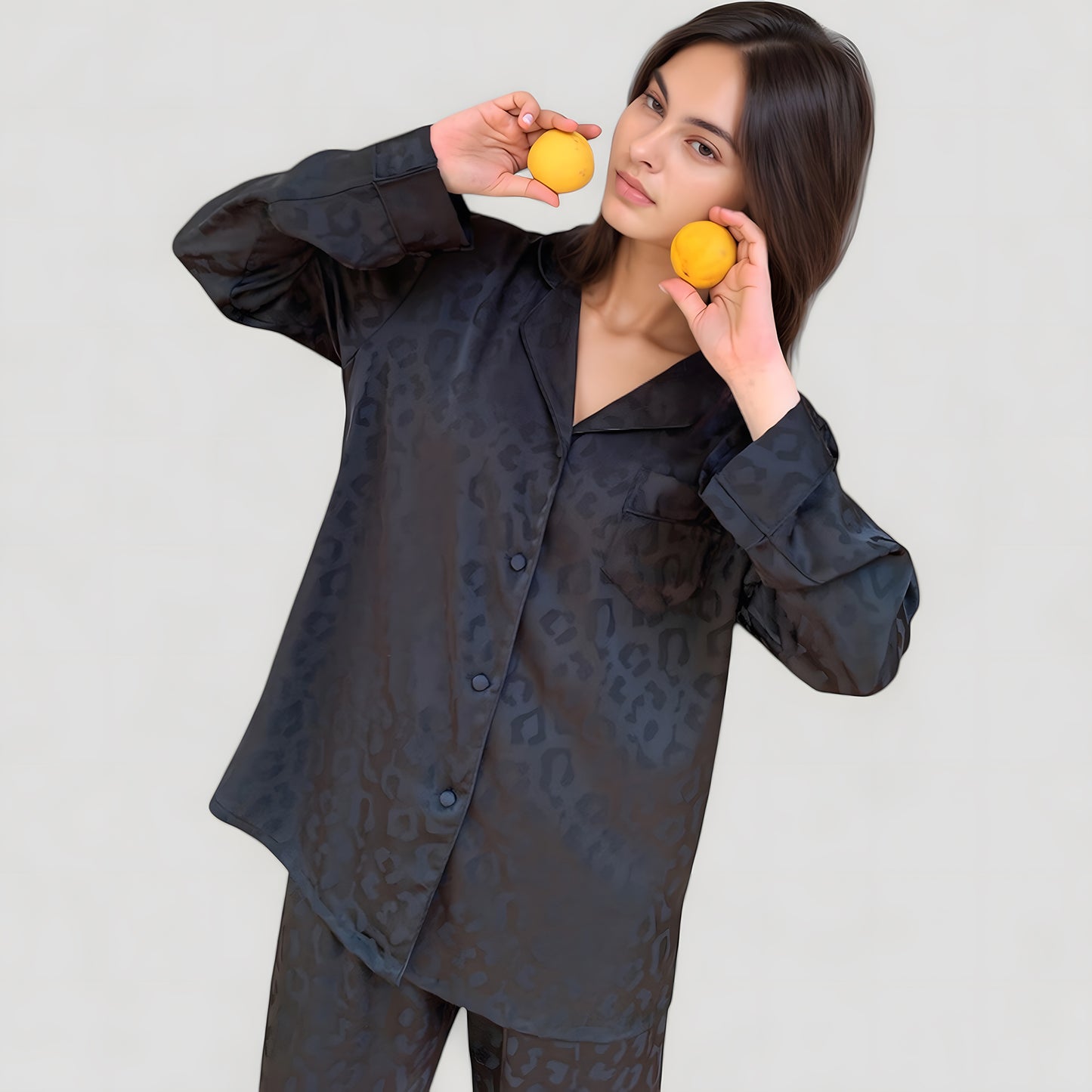 Long Sleeve Button Up Pajama Set with Satin Leopard Texture and Relaxed Fit Pants