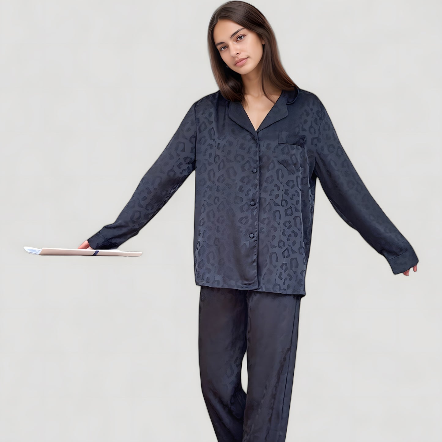 Long Sleeve Button Up Pajama Set with Satin Leopard Texture and Relaxed Fit Pants