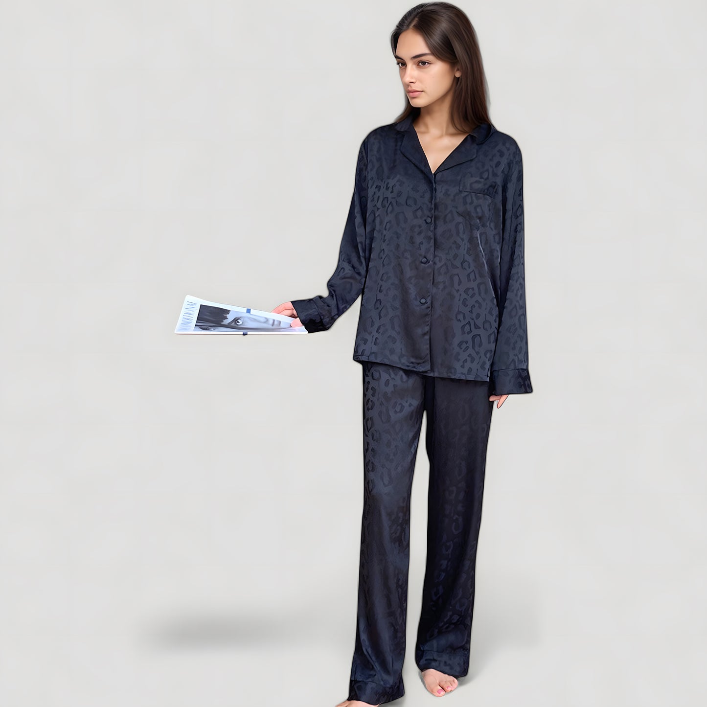 Long Sleeve Button Up Pajama Set with Satin Leopard Texture and Relaxed Fit Pants