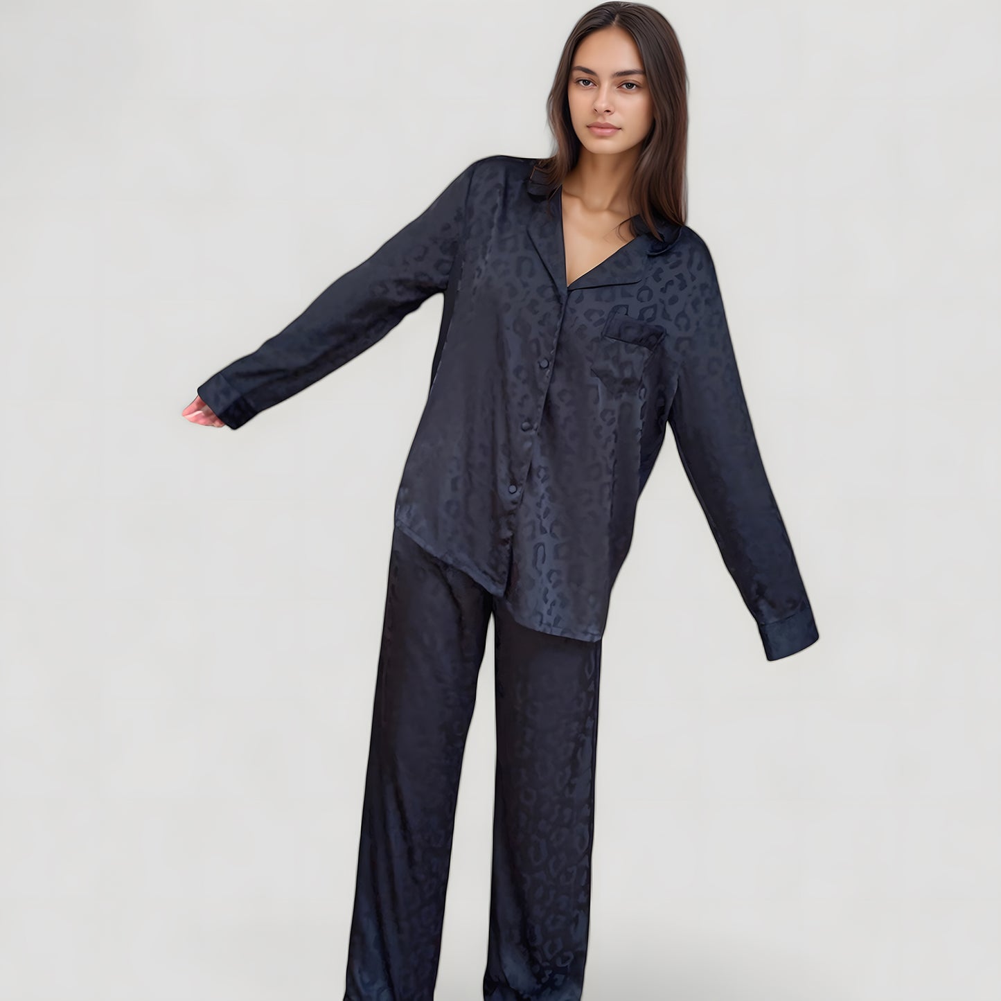 Long Sleeve Button Up Pajama Set with Satin Leopard Texture and Relaxed Fit Pants