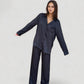 Long Sleeve Button Up Pajama Set with Satin Leopard Texture and Relaxed Fit Pants
