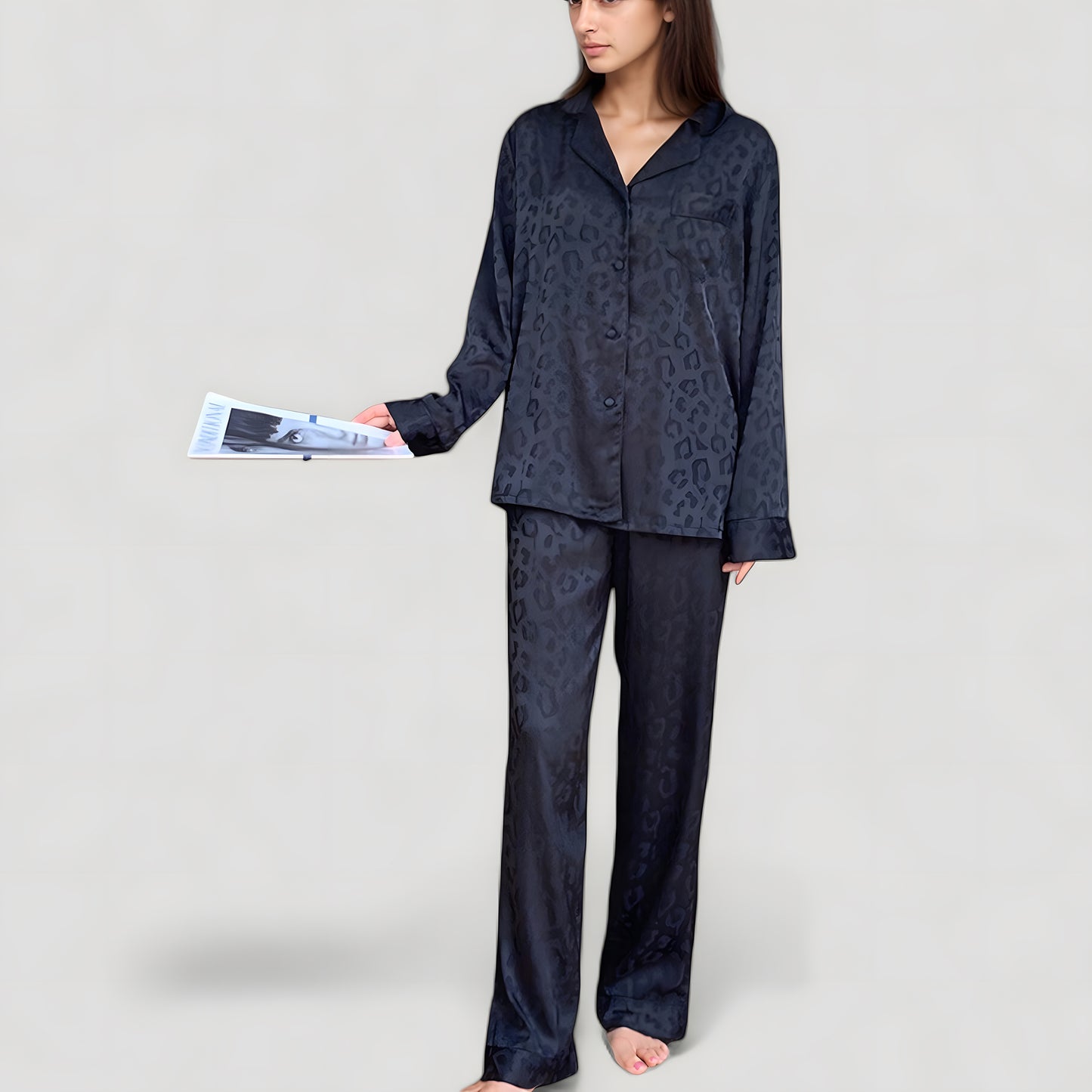 Long Sleeve Button Up Pajama Set with Satin Leopard Texture and Relaxed Fit Pants