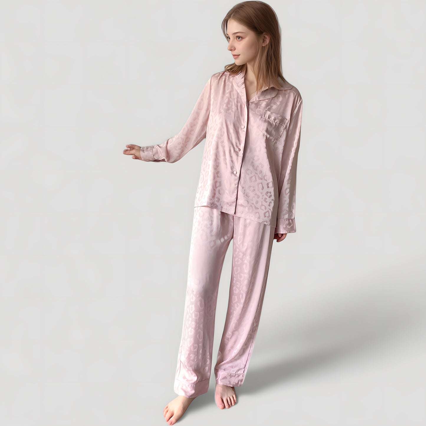 Long Sleeve Button Up Pajama Set with Satin Leopard Texture and Relaxed Fit Pants