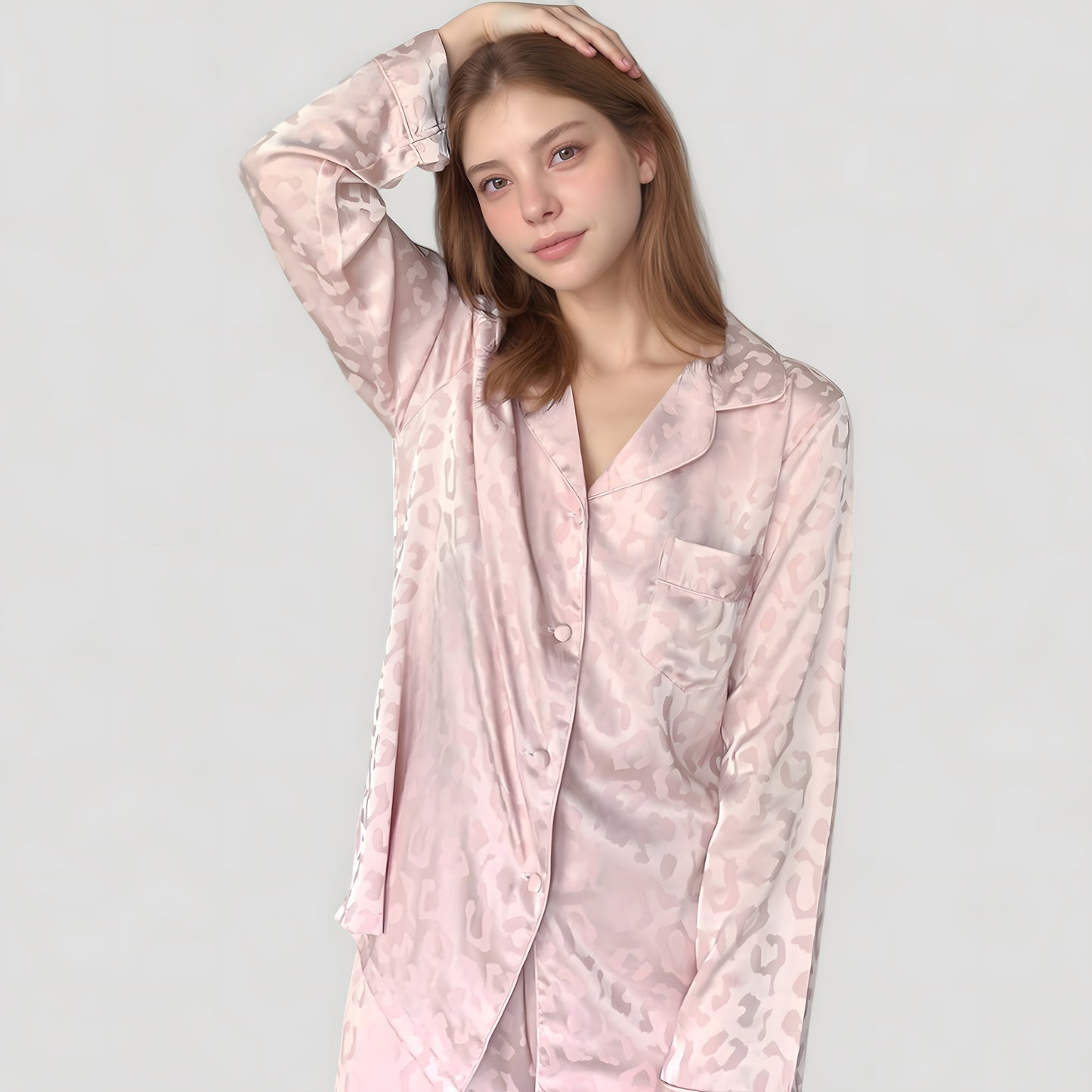 Long Sleeve Button Up Pajama Set with Satin Leopard Texture and Relaxed Fit Pants