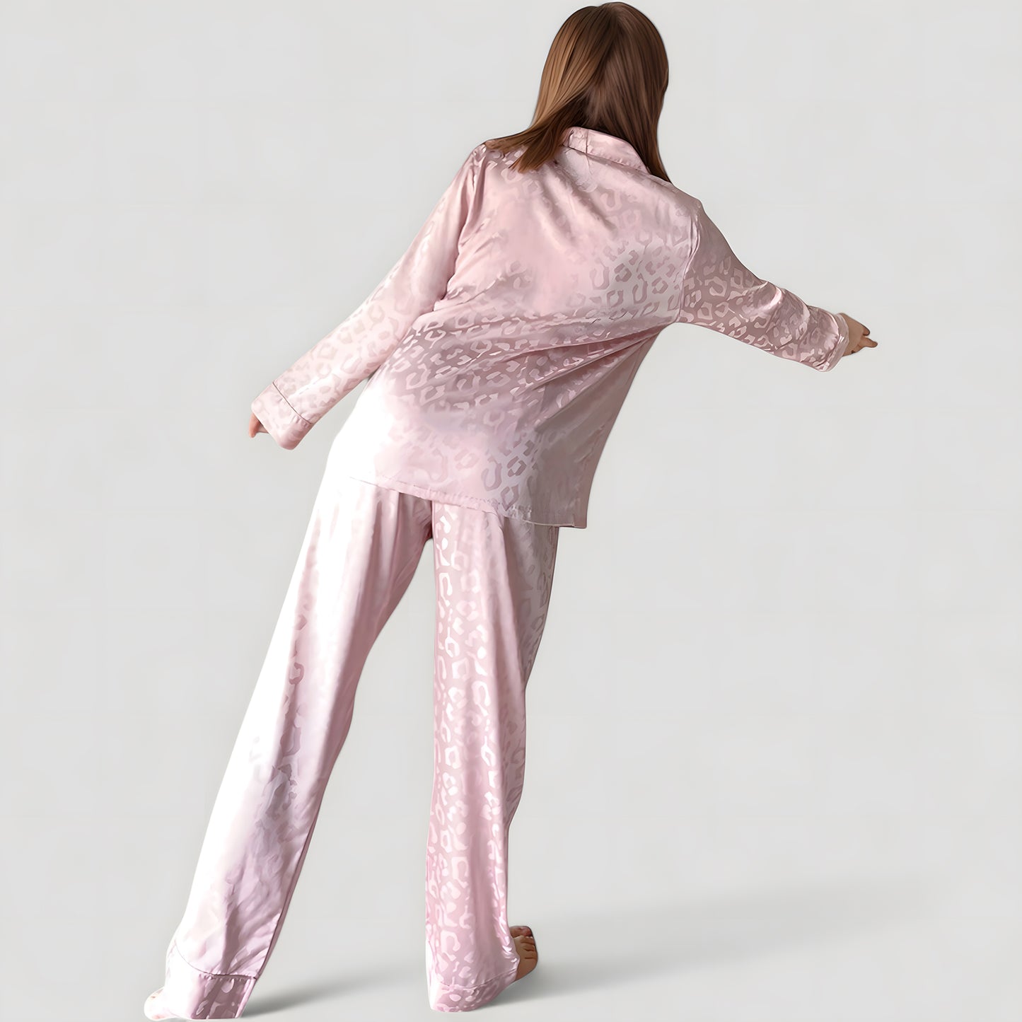 Long Sleeve Button Up Pajama Set with Satin Leopard Texture and Relaxed Fit Pants