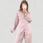 Long Sleeve Button Up Pajama Set with Satin Leopard Texture and Relaxed Fit Pants