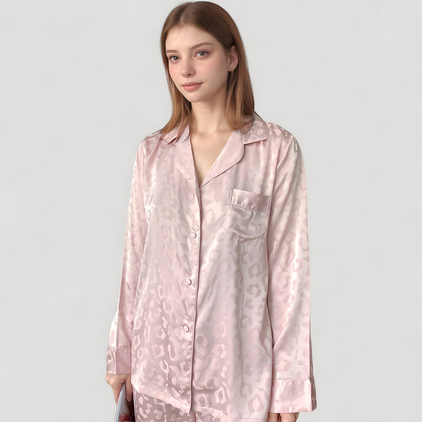 Long Sleeve Button Up Pajama Set with Satin Leopard Texture and Relaxed Fit Pants