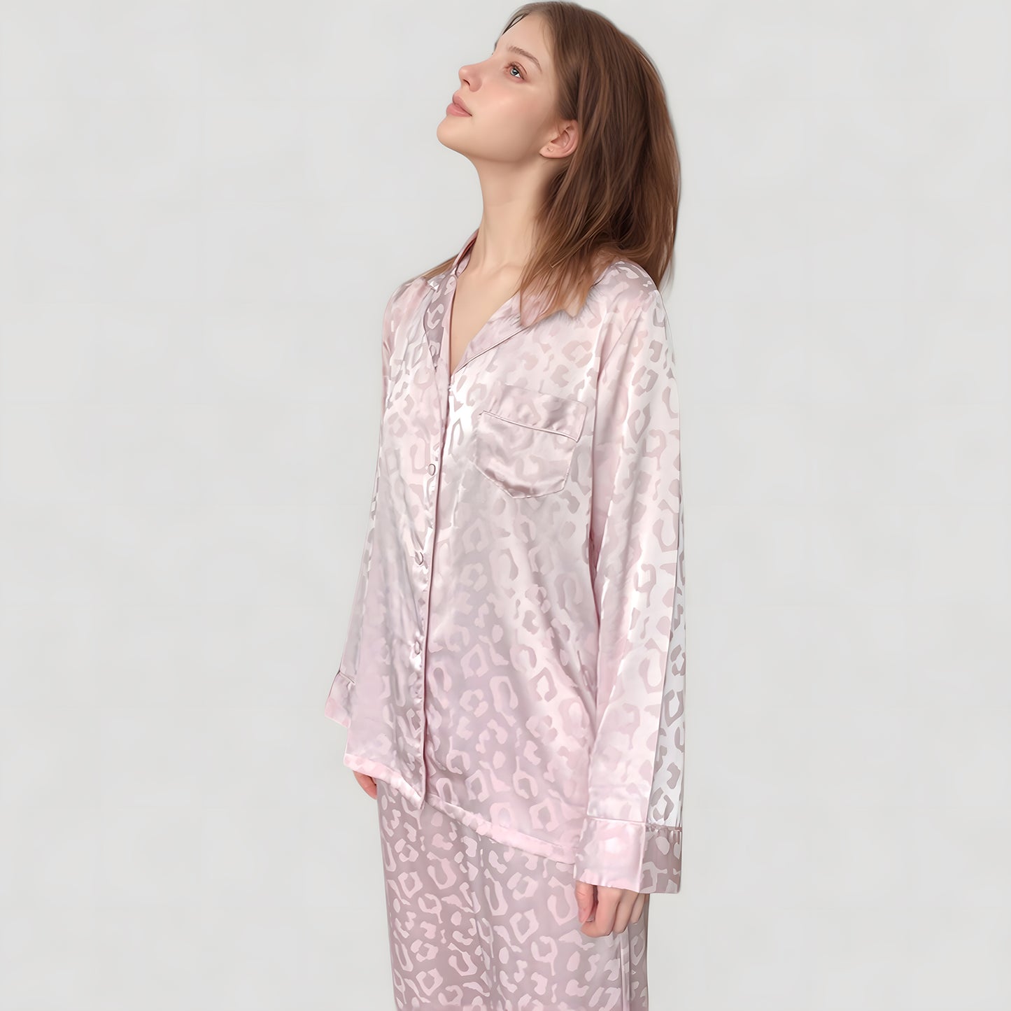 Long Sleeve Button Up Pajama Set with Satin Leopard Texture and Relaxed Fit Pants