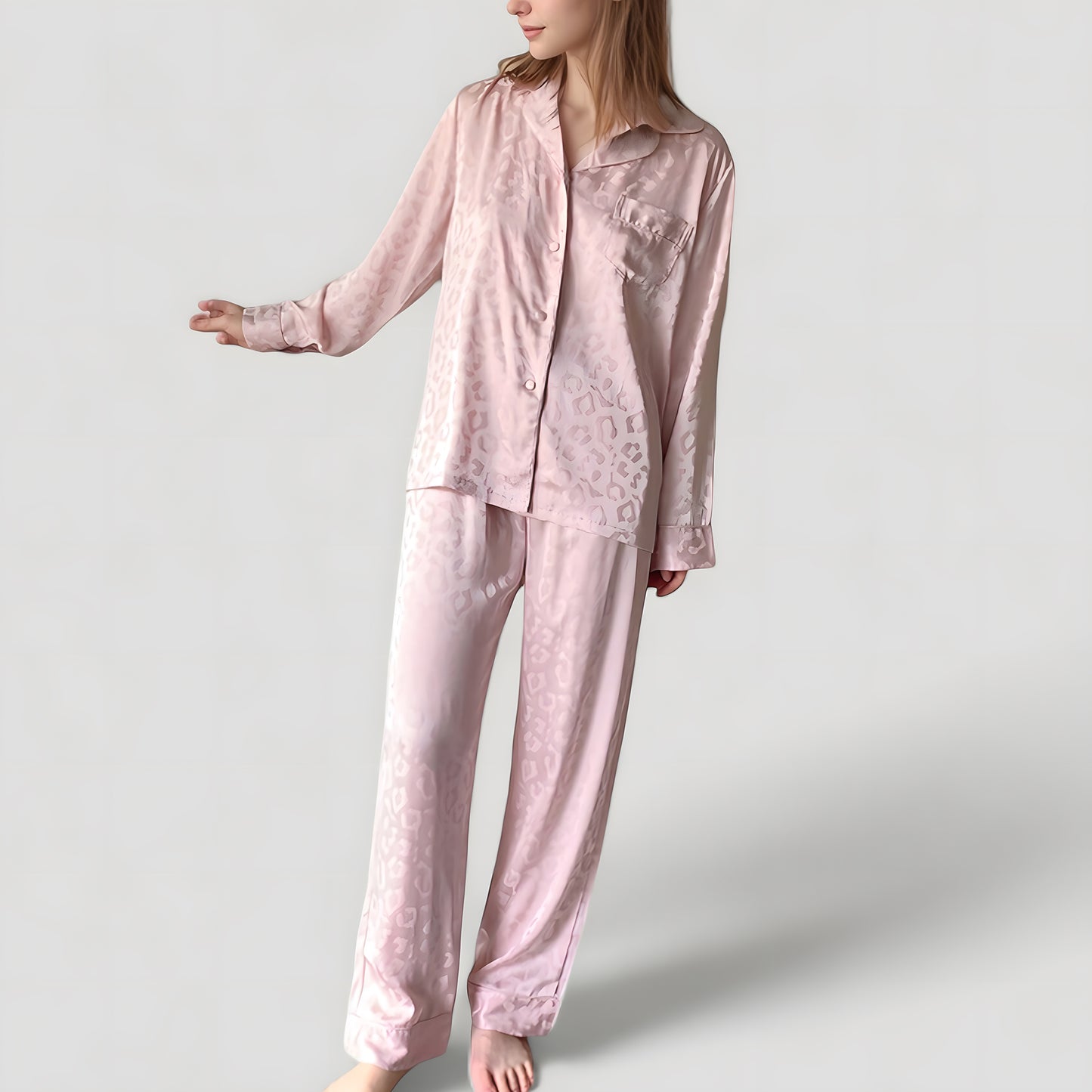 Long Sleeve Button Up Pajama Set with Satin Leopard Texture and Relaxed Fit Pants