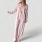 Long Sleeve Button Up Pajama Set with Satin Leopard Texture and Relaxed Fit Pants