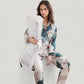 Floral Print Satin Pajama Set Long Sleeve Button-Up Top with Contrast Piping and Matching Lounge Pants