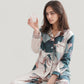Floral Print Satin Pajama Set Long Sleeve Button-Up Top with Contrast Piping and Matching Lounge Pants