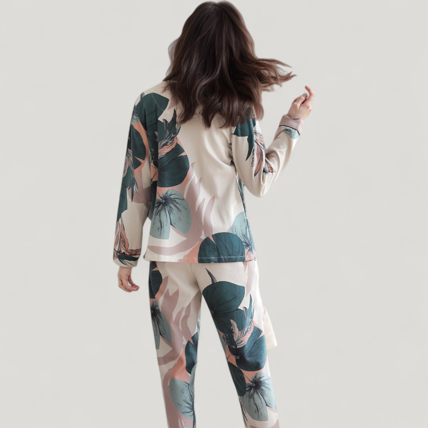 Floral Print Satin Pajama Set Long Sleeve Button-Up Top with Contrast Piping and Matching Lounge Pants