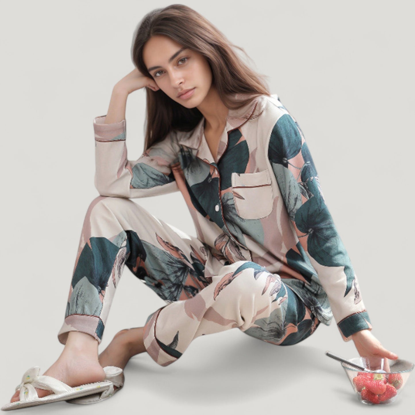 Floral Print Satin Pajama Set Long Sleeve Button-Up Top with Contrast Piping and Matching Lounge Pants