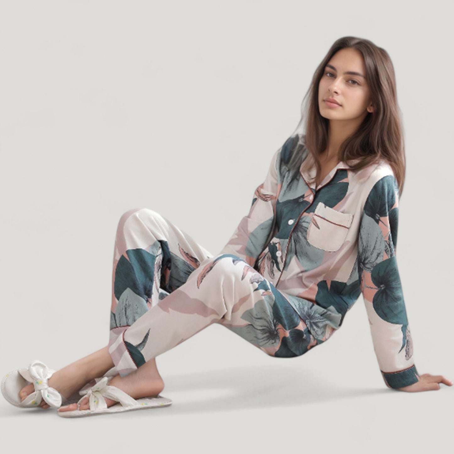 Floral Print Satin Pajama Set Long Sleeve Button-Up Top with Contrast Piping and Matching Lounge Pants