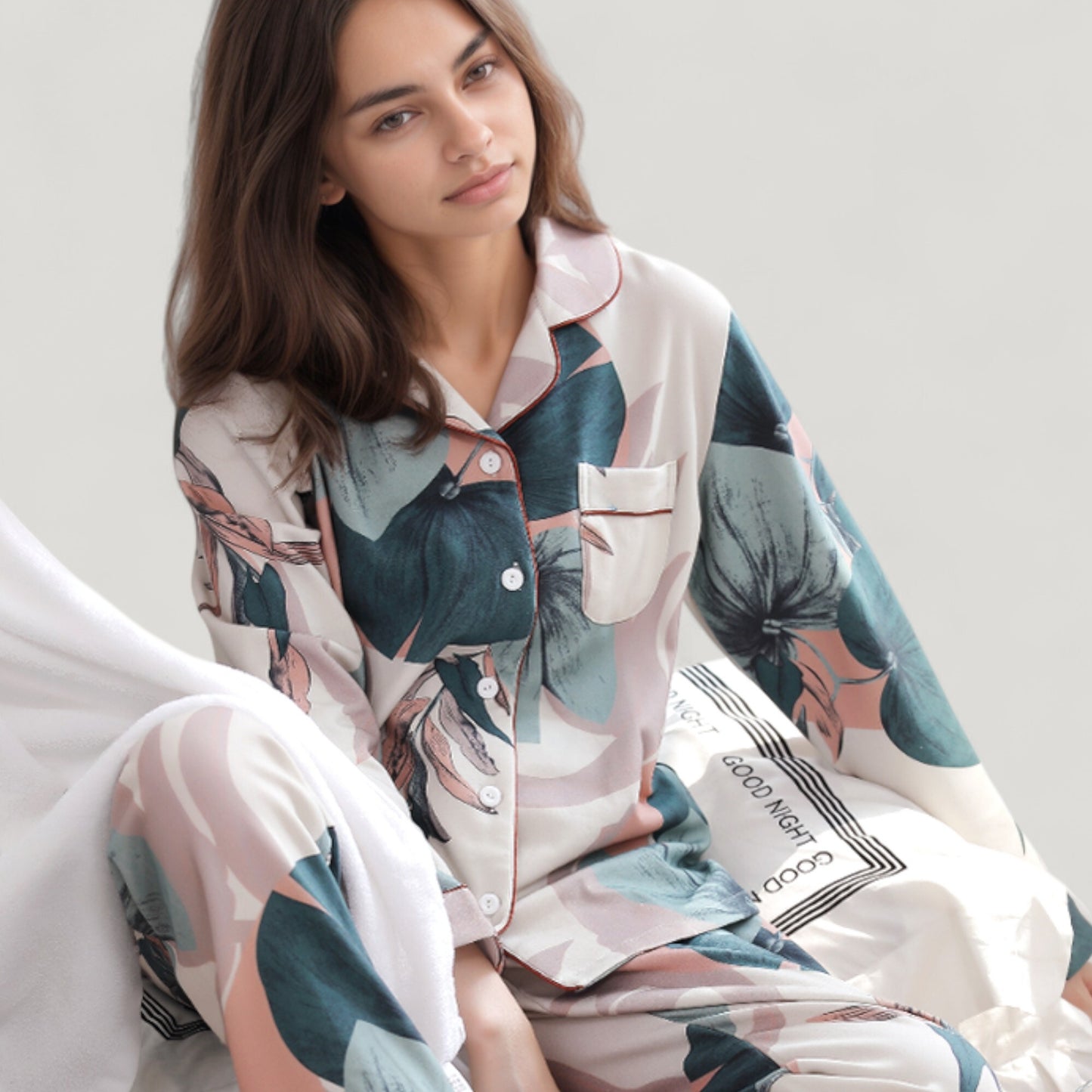 Floral Print Satin Pajama Set Long Sleeve Button-Up Top with Contrast Piping and Matching Lounge Pants