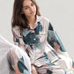 Floral Print Satin Pajama Set Long Sleeve Button-Up Top with Contrast Piping and Matching Lounge Pants