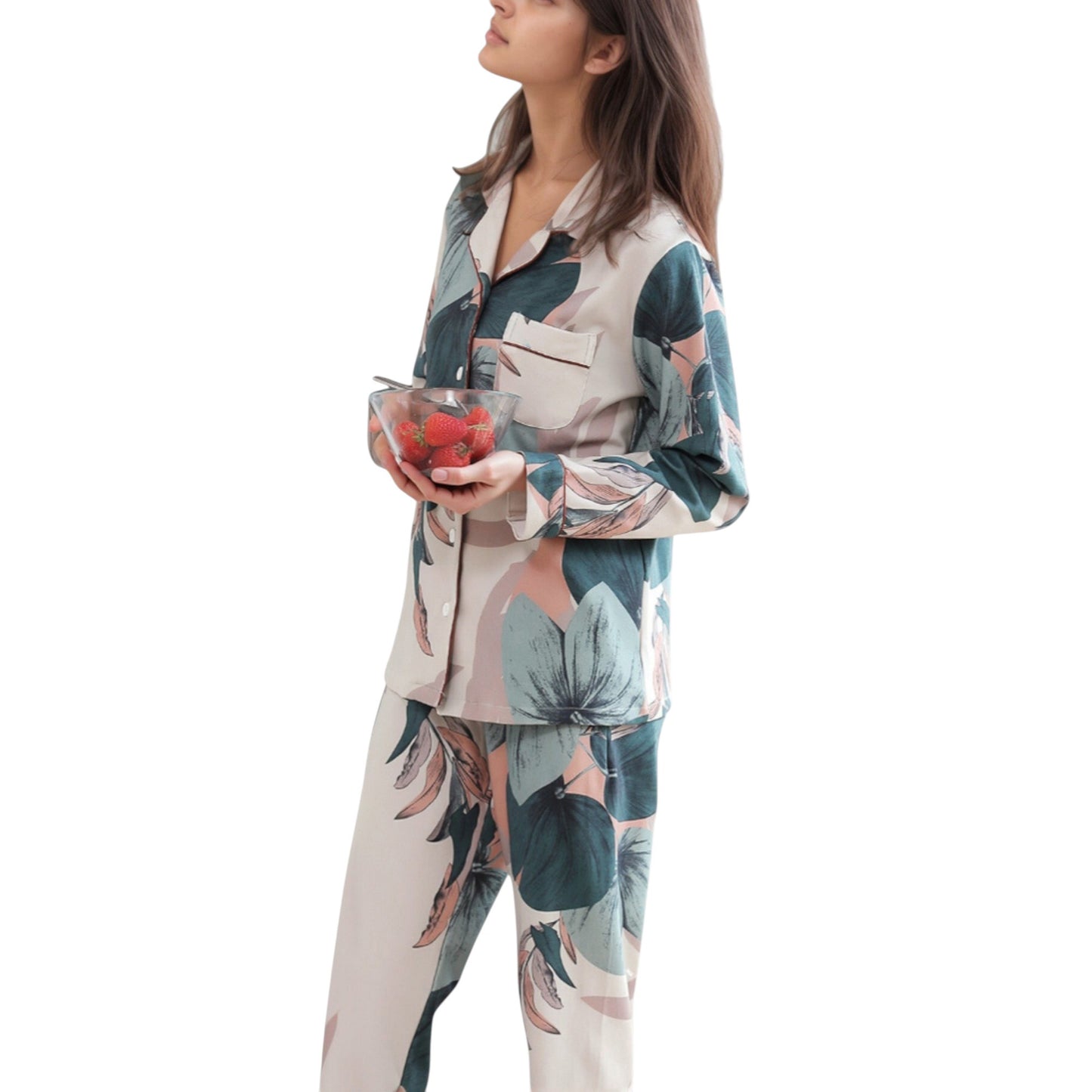 Floral Print Satin Pajama Set Long Sleeve Button-Up Top with Contrast Piping and Matching Lounge Pants