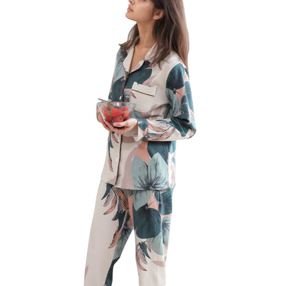 Floral Print Satin Pajama Set Long Sleeve Button-Up Top with Contrast Piping and Matching Lounge Pants