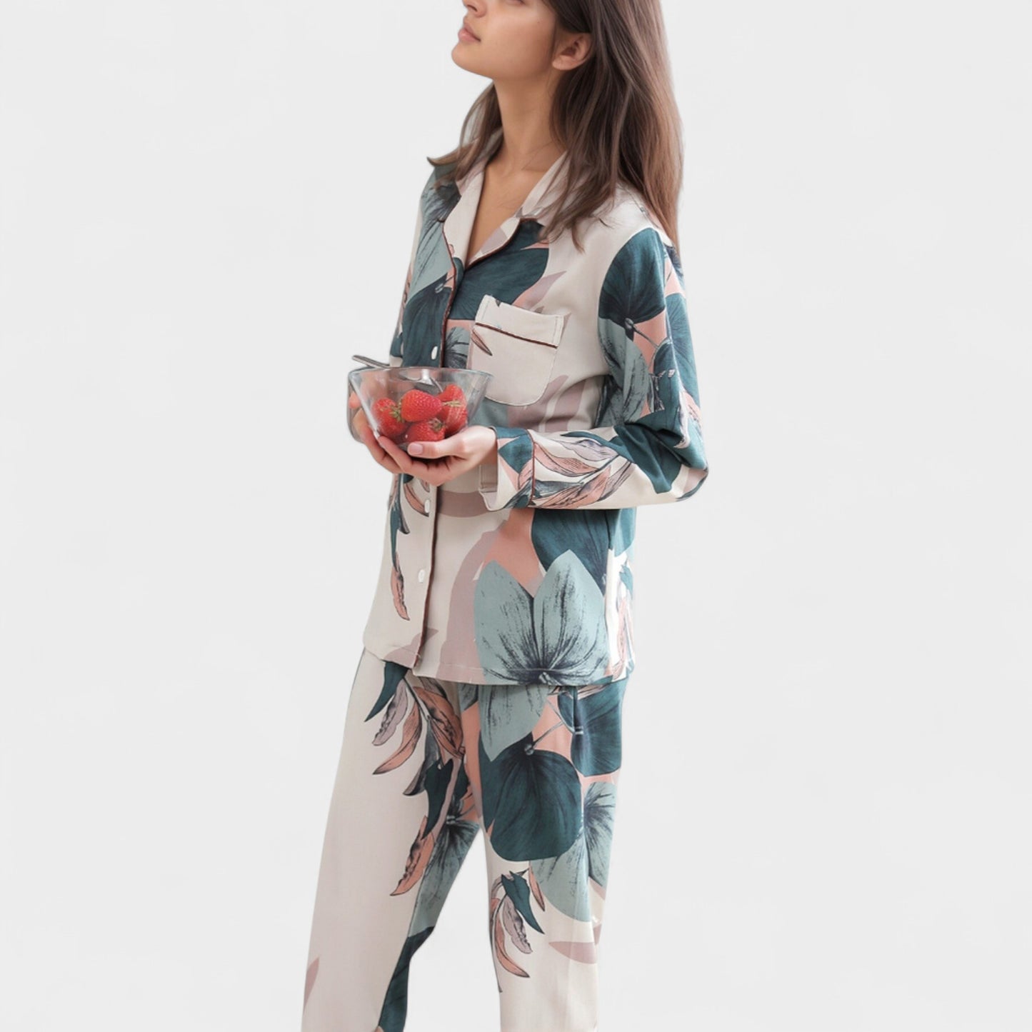 Floral Print Satin Pajama Set Long Sleeve Button-Up Top with Contrast Piping and Matching Lounge Pants