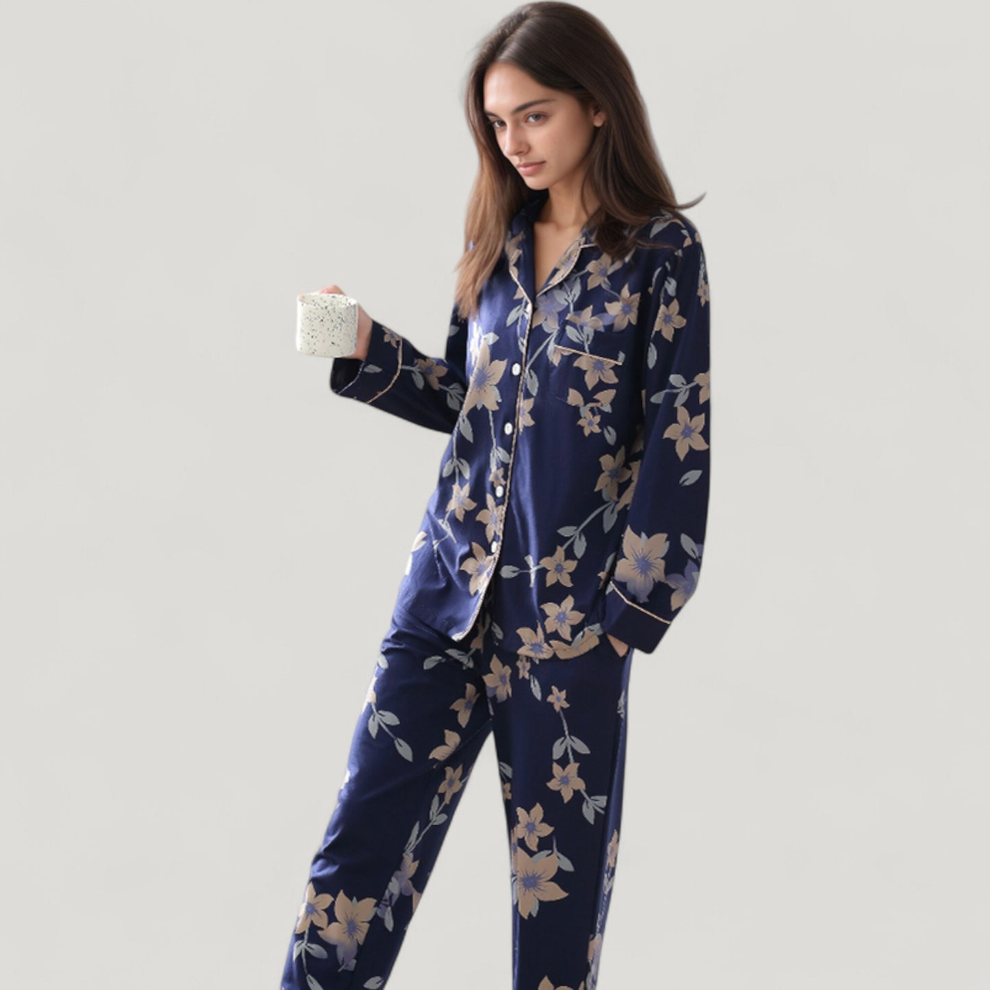 Floral Print Satin Pajama Set Long Sleeve Button-Up Top with Contrast Piping and Matching Lounge Pants