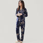 Floral Print Satin Pajama Set Long Sleeve Button-Up Top with Contrast Piping and Matching Lounge Pants