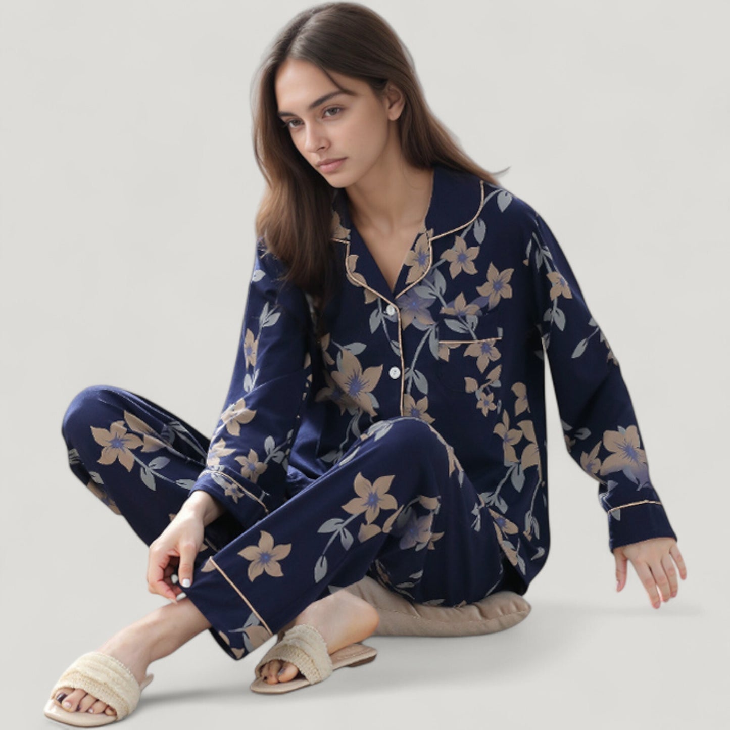 Floral Print Satin Pajama Set Long Sleeve Button-Up Top with Contrast Piping and Matching Lounge Pants