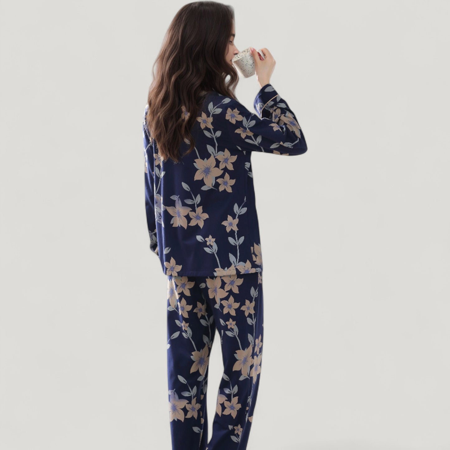 Floral Print Satin Pajama Set Long Sleeve Button-Up Top with Contrast Piping and Matching Lounge Pants