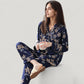 Floral Print Satin Pajama Set Long Sleeve Button-Up Top with Contrast Piping and Matching Lounge Pants
