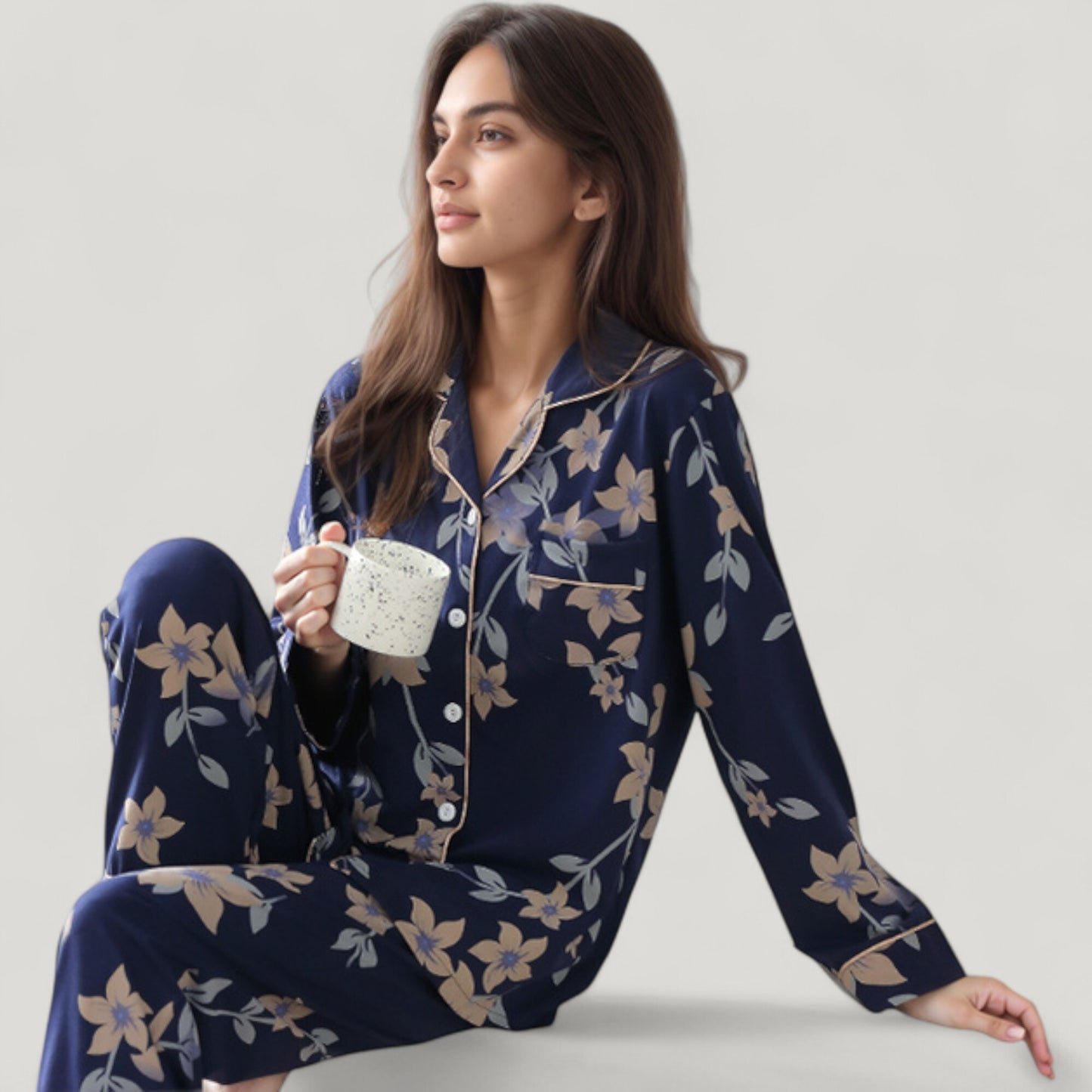 Floral Print Satin Pajama Set Long Sleeve Button-Up Top with Contrast Piping and Matching Lounge Pants
