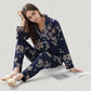 Floral Print Satin Pajama Set Long Sleeve Button-Up Top with Contrast Piping and Matching Lounge Pants